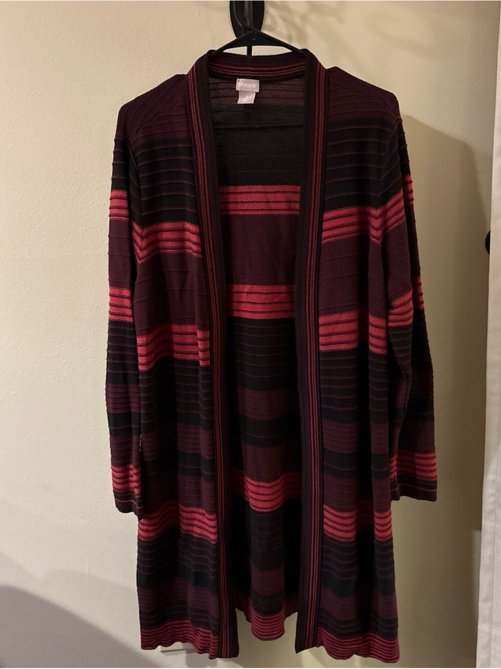 Chico's Striped Open-Front Cardigan in Burgundy, Black and Pink
